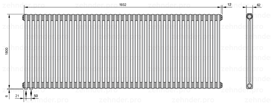 Схема (чертеж) Радиатор Zehnder Charleston 2180/42 №3370 Белый глянцевый RAL 9016